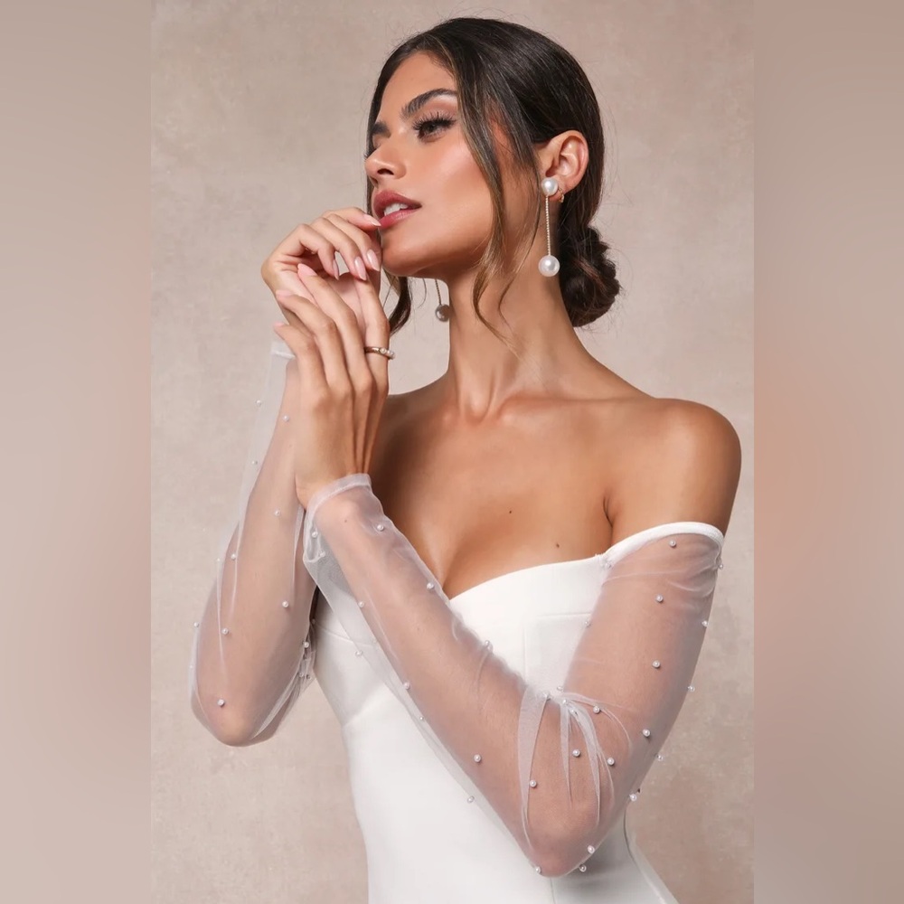 Eternally Beloved White Mesh Off-the-Shoulder Pearl Maxi Dress